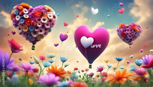 Closeup landsape image view of launching colorful and multiple 3D love hearts from flowers garden