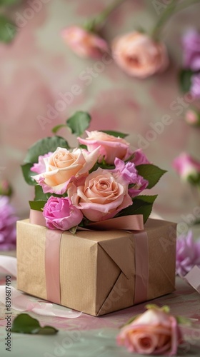 A box with pink roses and a bow on top of it. Generative AI.