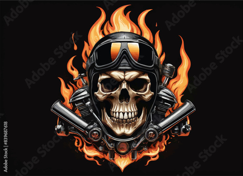 Biker vector t-shirt design with human skull,
motorcycle helmet
and fire on black background.
Fashionable print for fabric, paper, men clothing,
hoodie, biker jacket. T shirt template with flame.