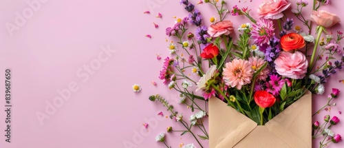A bouquet of flowers in an envelope on a pink background. Generative AI.