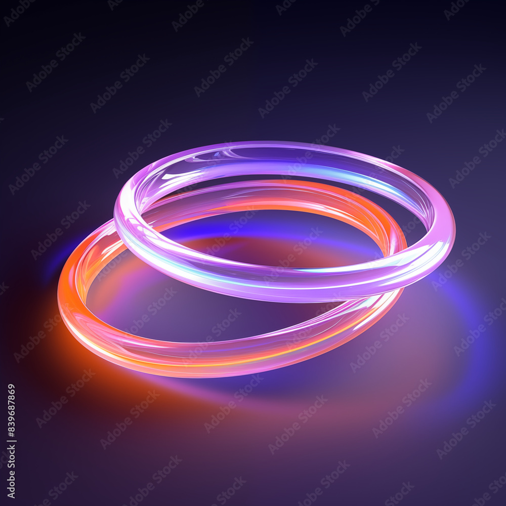 Two intertwined neon rings, one purple and one orange, glow vibrantly against a dark background, creating a futuristic look. Two intertwined neon rings, one purple and one orange, glow vibrantly against a dark background, creating a futuristic look.