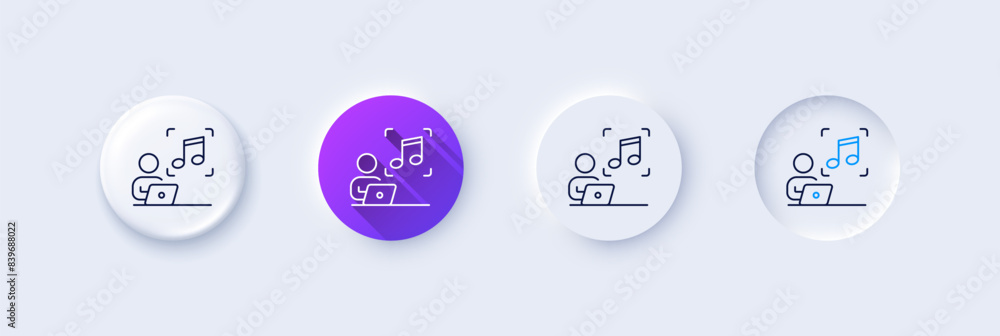 Music line icon. Neumorphic, Purple gradient, 3d pin buttons. Studio record sign. Listen audio symbol. Line icons. Neumorphic buttons with outline signs. Vector Music line icon. Neumorphic, Purple gradient, 3d pin buttons. Studio record sign. Listen audio symbol. Line icons. Neumorphic buttons with outline signs. Vector