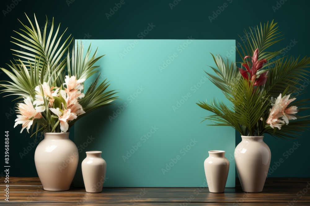 turquoise empty mockup frame for text or design, plant leaves and flowers in vases on a green nearby turquoise empty mockup frame for text or design, plant leaves and flowers in vases on a green nearby