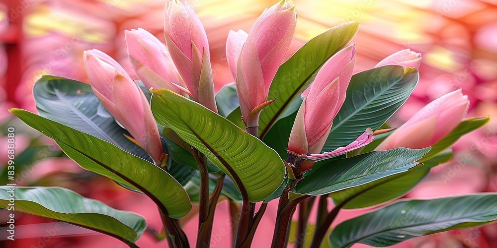 Tropical and banana palm leaves with vibrant neon pink flowers. Summer background.