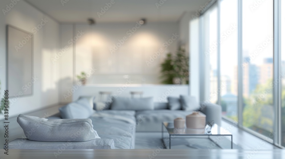 Modern Minimalist Living Room with Large Windows and City View, Generative AI Modern Minimalist Living Room with Large Windows and City View, Generative AI