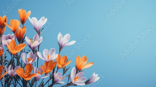 crocuses, floral banner and a copy space. top view, flat layout. a delicate spring backdrop.