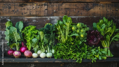 a colorful assortment of fresh seasonal green veggies beautifully arranged on a wooden table ideal for a farm-to-table setting photo