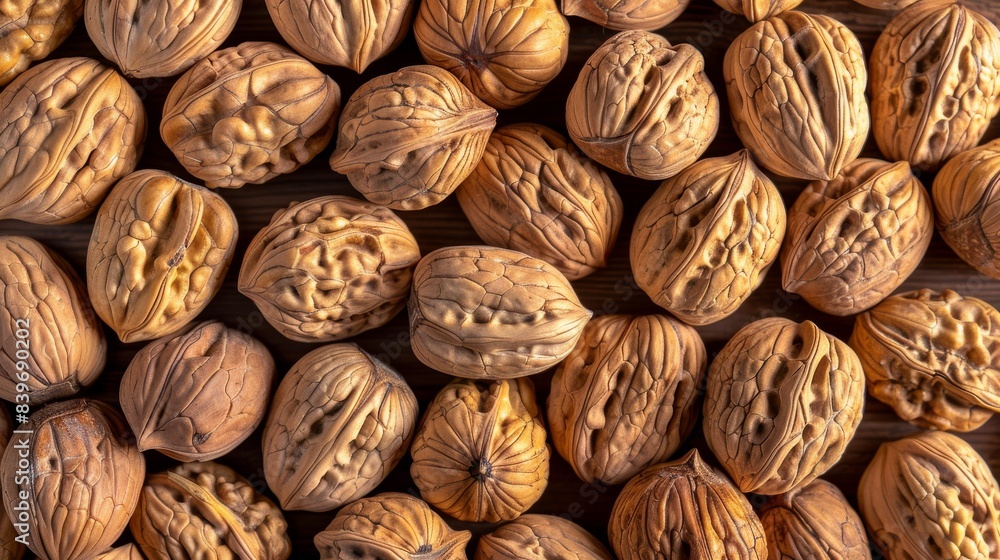 Close Up of Shelled Walnuts on a Wooden Surface Close Up of Shelled Walnuts on a Wooden Surface