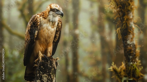 A majestic eagle perches in a misty forest, exuding strength and grace amidst the serene natural surroundings. Created with Generative AI. photo