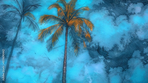   Two palm trees against blue sky with clouds in fg and bg photo