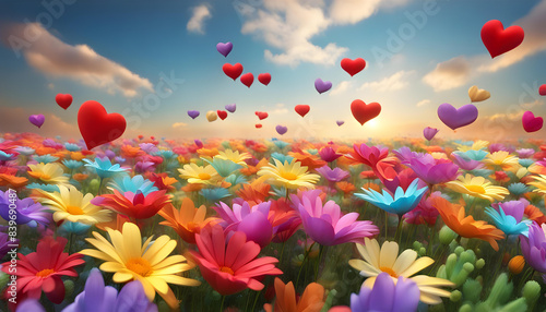 Group of colorful and multiple 3D love hearts launches from flowers garden into the air
