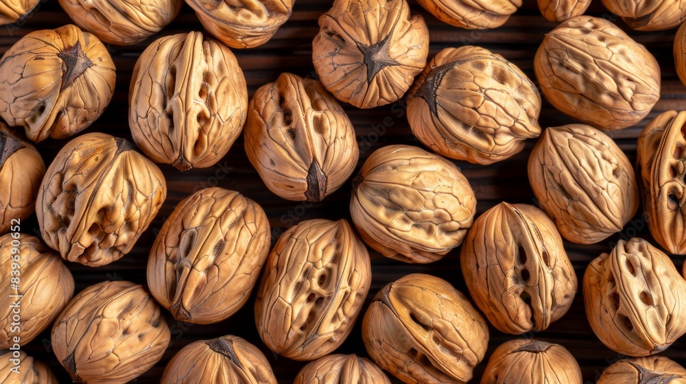 Close Up of Shelled Walnuts on a Wooden Surface Close Up of Shelled Walnuts on a Wooden Surface