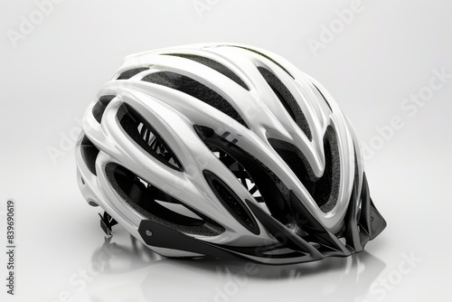 Sleek white and black bicycle helmet with aerodynamic design for safety and performance, set against a plain background. Created with Generative AI.