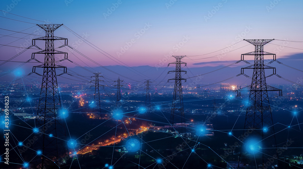 electricity pylons standing tall against the backdrop of a city skyline. The city lights are illuminating the horizon, and the sky is painted in hues of blue. electricity pylons standing tall against the backdrop of a city skyline. The city lights are illuminating the horizon, and the sky is painted in hues of blue.