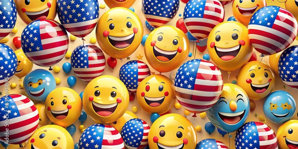 Smiley faces with American flag patterns - A joyful sea of 3D smiley faces adorned with American flag motifs, symbolizing patriotism