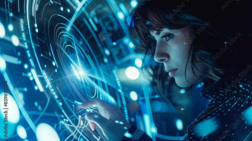 Close-up of a young woman's face standing in front of a digital hologram for data security. Focused woman working in a modern digital office. Technology concept. Close-up of a young woman's face standing in front of a digital hologram for data security. Focused woman working in a modern digital office. Technology concept.
