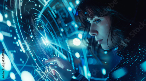 Close-up of a young woman s face standing in front of a digital hologram for data security. Focused woman working in a modern digital office. Technology concept.