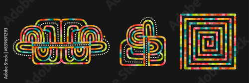 Set of 3 whimsical hand-drawn in vector signs in urban style. Posted on transparent backdrop, a maze-like building of neon shapes forms a colorful pipeline, evoking a sense of mystic mood.