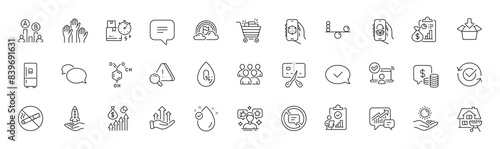 Bankrupt, Shopping cart and No alcohol line icons. Pack of Approved message, Text message, Sun protection icon. Voting hands, Lgbt, Get box pictogram. Chemical formula, Growth chart, Messenger. Vector