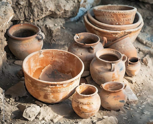 Ancient Greek terracotta pot, empty bowl with handle, on the ground next to other ancient pots