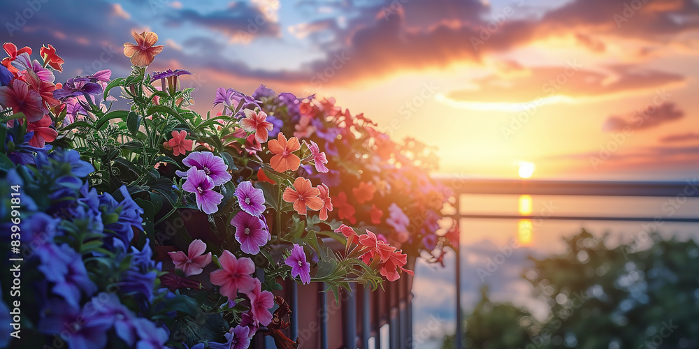 Fototapeta premium balcony with flowers on summer sunset background