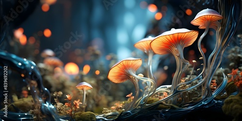 Alien Flora and Fungi 3D Rendering on Isolated Background. Concept Science Fiction, 3D Rendering, Alien Plant Life, Isolated Background photo