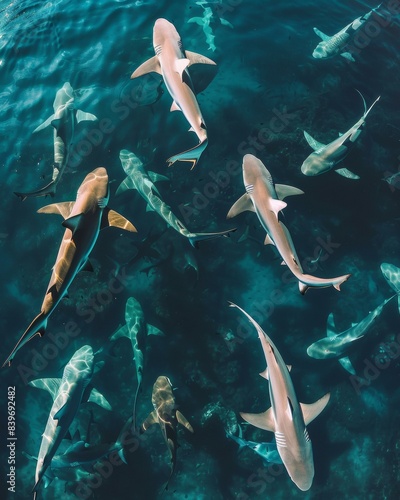 A group of sharks swimming in the ocean near a boat. Generative AI. photo