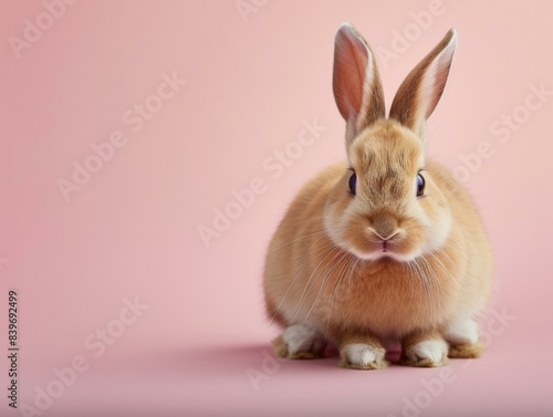 A small brown rabbit sitting on a pink background. Generative AI.
