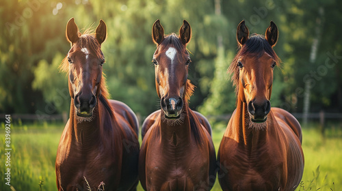 Three brown horses in the grassy pasture graze on green meadows against the background of forest trees. photo