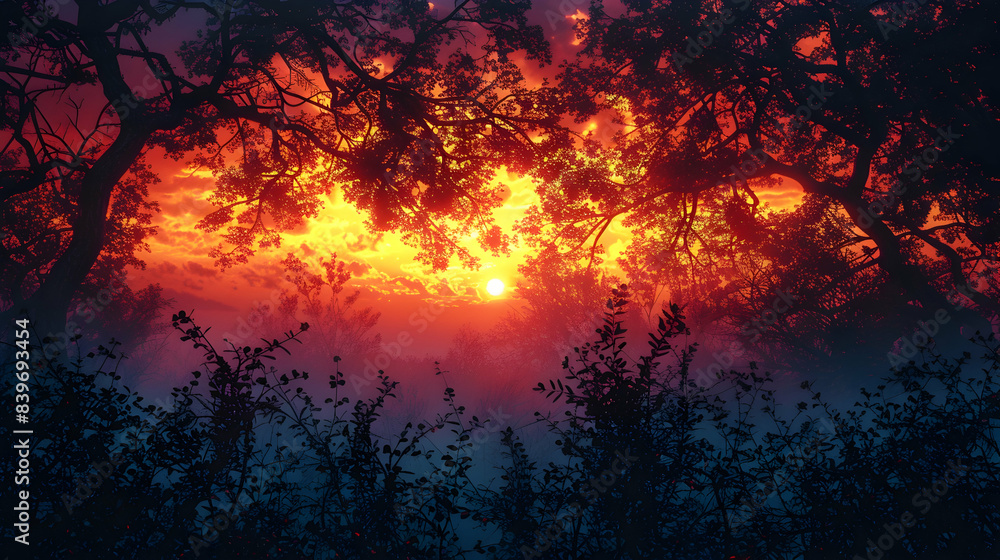 Fototapeta premium A nature thicket during sunset, the sky ablaze with colors, and the dense branches casting long shadows
