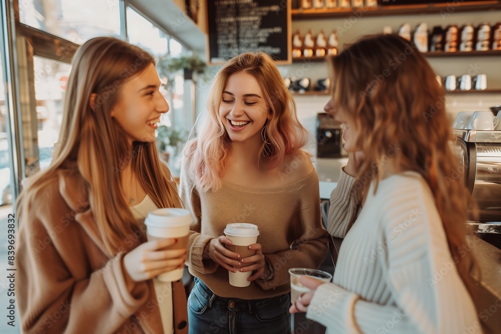 Three women at cafe enjoying their time in front of the coffee bar