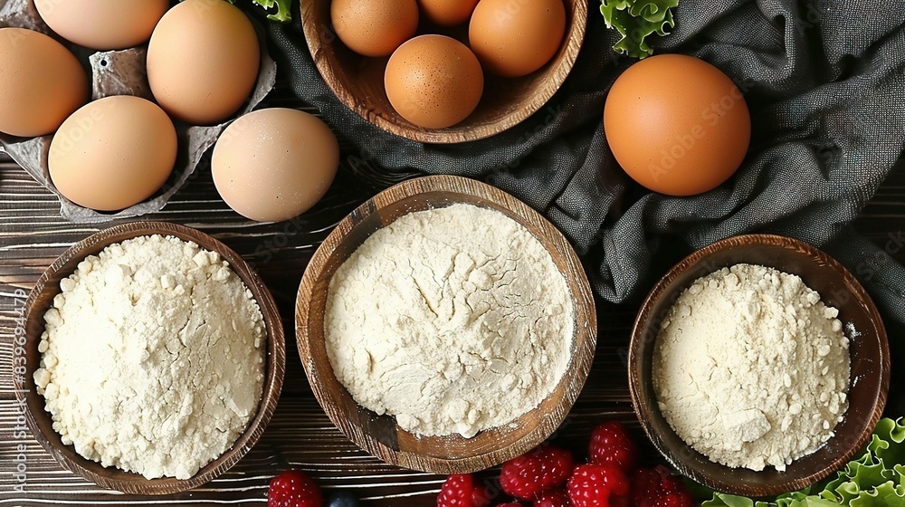 Eggs, flour, and raspberries are spread out on a black cloth-covered table Eggs, flour, and raspberries are spread out on a black cloth-covered table