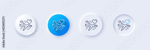 Honeymoon travel line icon. Neumorphic, Blue gradient, 3d pin buttons. Love trip sign. Valentines day flight symbol. Line icons. Neumorphic buttons with outline signs. Vector