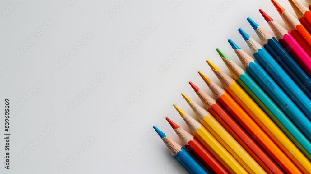 colorful pencils on a white background, copy space, place for text, creative ideas, art school, hobby, passion, education colorful pencils on a white background, copy space, place for text, creative ideas, art school, hobby, passion, education