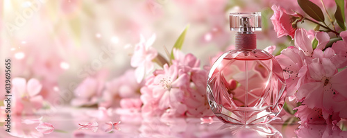 Elegant fragrance bottle surrounded by enchanting cherry blossoms and soft light