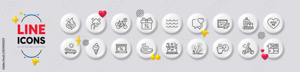 Puzzle image, Heart and Cyclist line icons. White buttons 3d icons. Pack of Baggage belt, Puzzle, Grilled steak icon. Bicycle parking, Market, Ice cream pictogram. Vector Puzzle image, Heart and Cyclist line icons. White buttons 3d icons. Pack of Baggage belt, Puzzle, Grilled steak icon. Bicycle parking, Market, Ice cream pictogram. Vector