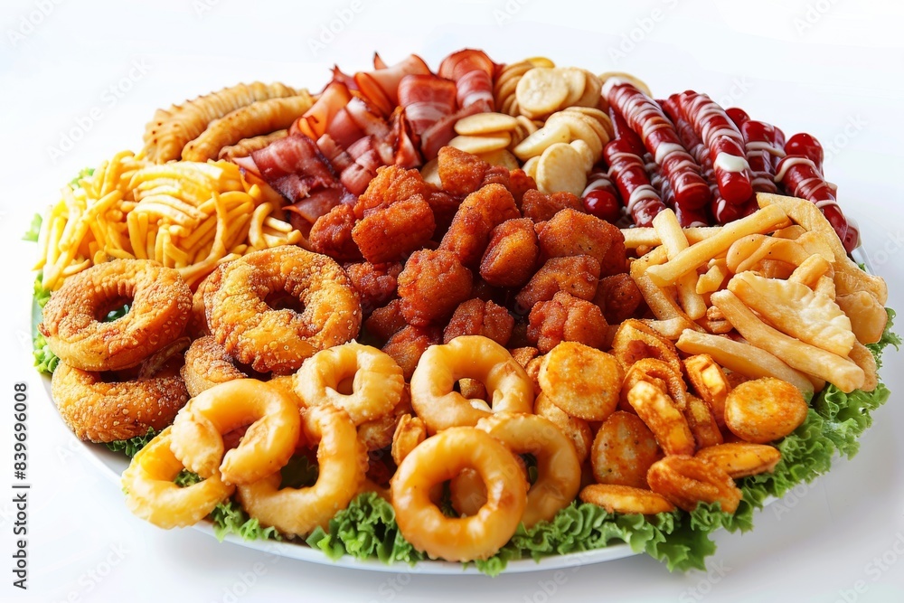 Platter of assorted fried snacks including onion rings, chicken wings, and fries, showcasing a delicious and indulgent appetizer spread Platter of assorted fried snacks including onion rings, chicken wings, and fries, showcasing a delicious and indulgent appetizer spread