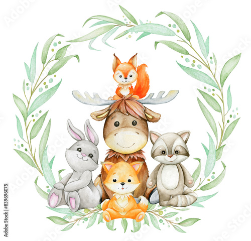 Charming watercolor design showcasing a friendly gathering of forest animals: a moose, fox, squirrels, bunny, and raccoon, encircled by green foliage.