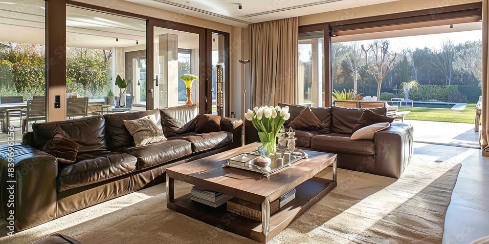 Fototapeta premium A spacious and bright interior villa living room where sunlight pours in through large floor-to-ceiling Windows 