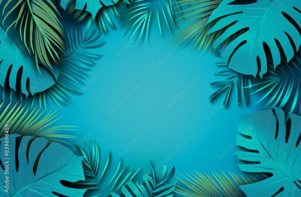 Beautiful palm leaves on a turquoise background with copy space for text, banner design Beautiful palm leaves on a turquoise background with copy space for text, banner design