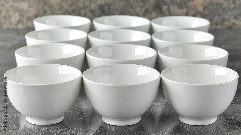 A set of white bowls rests atop a black countertop, adjacent to a marble counter with black and white accents A set of white bowls rests atop a black countertop, adjacent to a marble counter with black and white accents