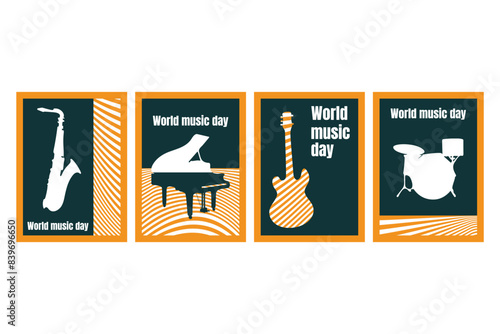 Musical posters, covers, cards collection. Musical instrumets in retro style. Jazz background. Musical band