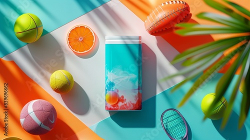 A vibrant composition of sports equipment with colorful tennis balls, a can, and a lush backdrop featuring palm leaves. Created with Generative AI. photo