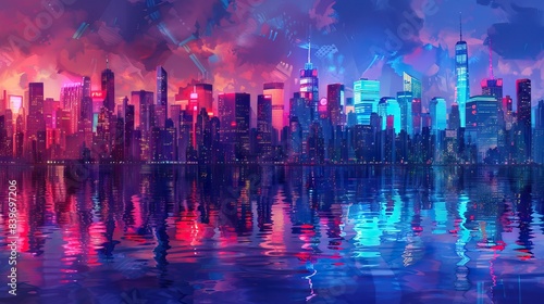 Futuristic city. Concept Art. Cityscape at night with bright neon lights. 3D illustration. AI generated illustration