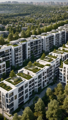 A modern residential complex with multiple white and grey apartment buildings featuring balconies