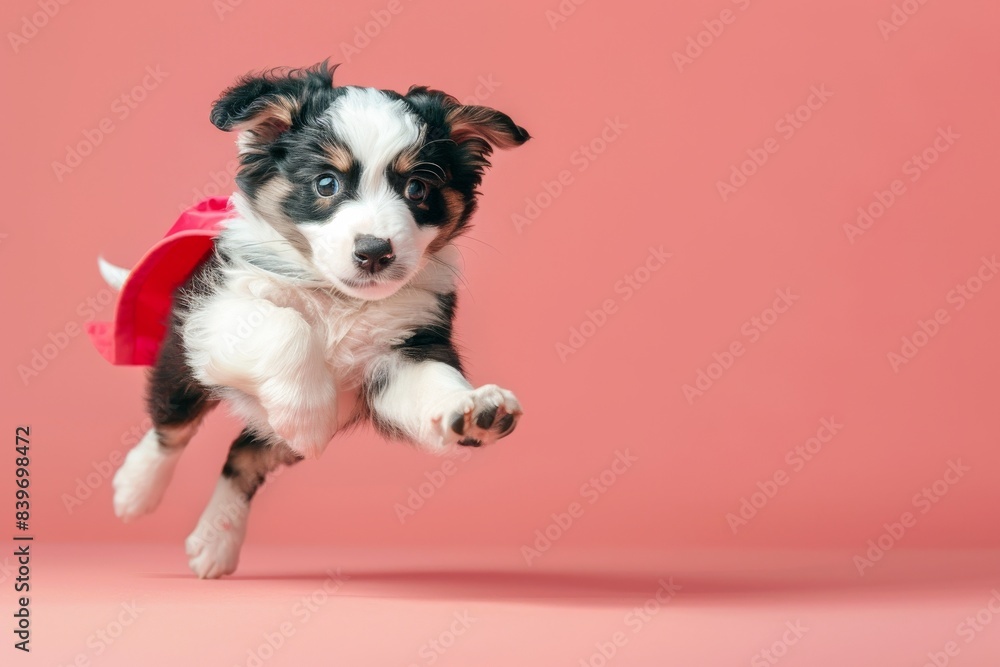 Adorable superhero puppy flying with cape and mask on pastel background, concept of super dog Adorable superhero puppy flying with cape and mask on pastel background, concept of super dog