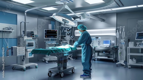 Surgeon using medical equipment in operating room of the hospital
