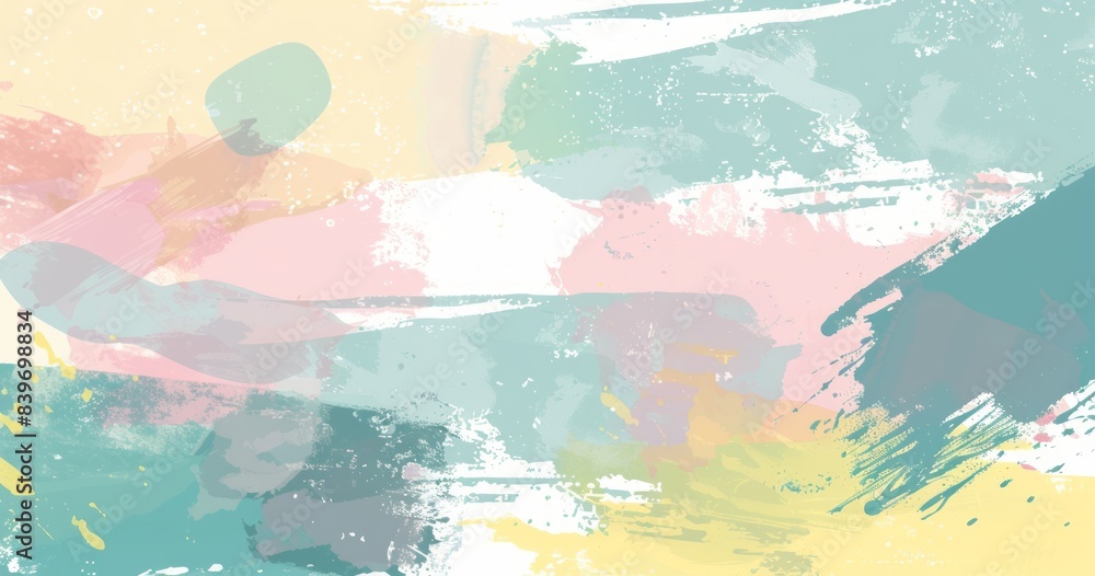 Fototapeta premium Colorful pastel background with soft watercolor brush strokes and splashes in the lower right corner