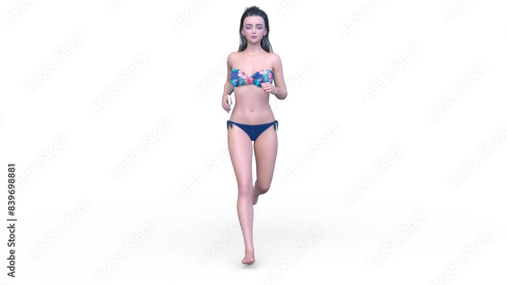 走るビキニ姿の女性　3DCGレンダリング