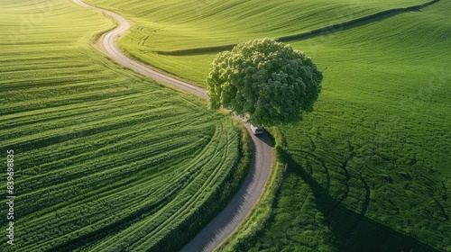 Sustainable road surrounding a centenary tree. Vehicle driving between green field. photo